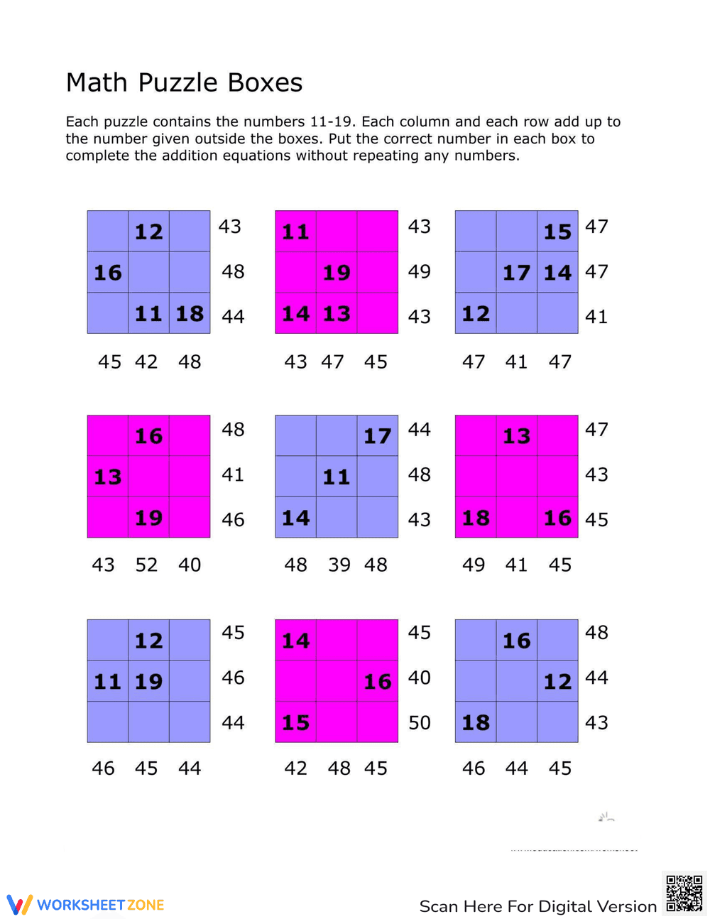 Addition Math Puzzles: Worksheet for Kids - Page 1