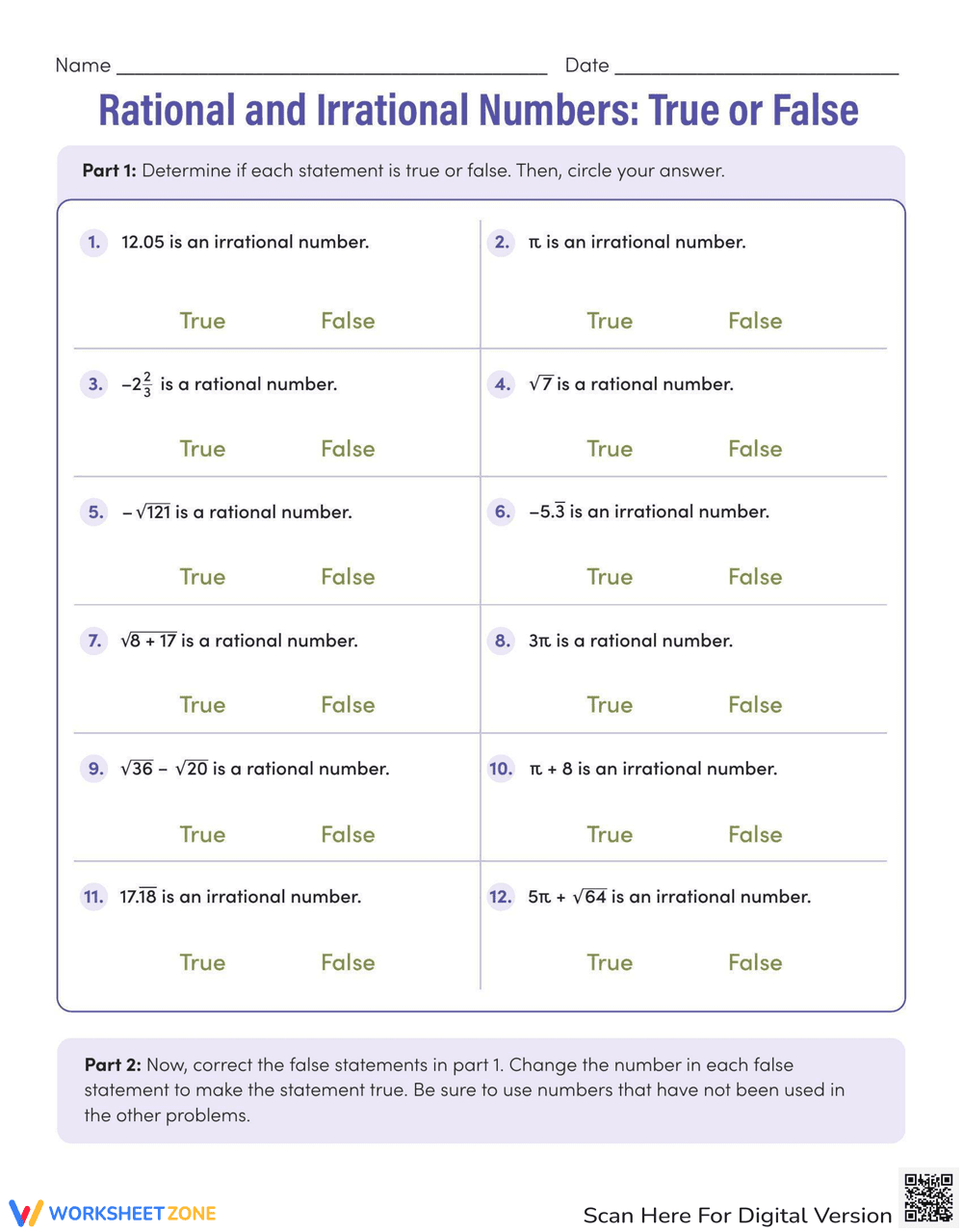 True and False: Rational and Irrational Numbers - Page 1