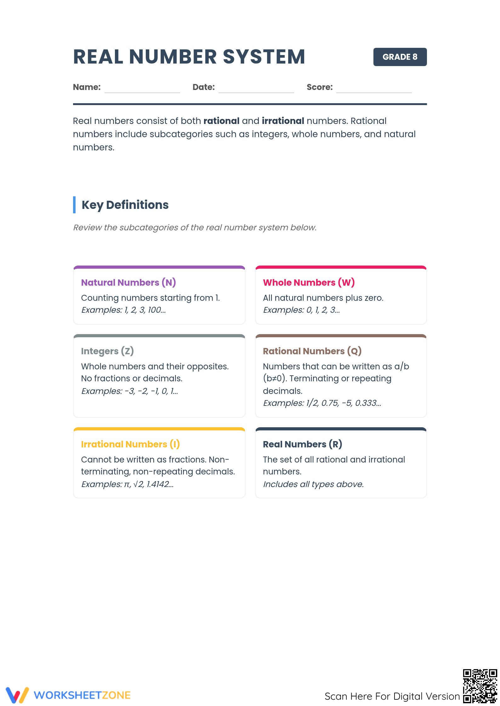 Essential Real Number System Handout | Grade 8 Math - Page 1