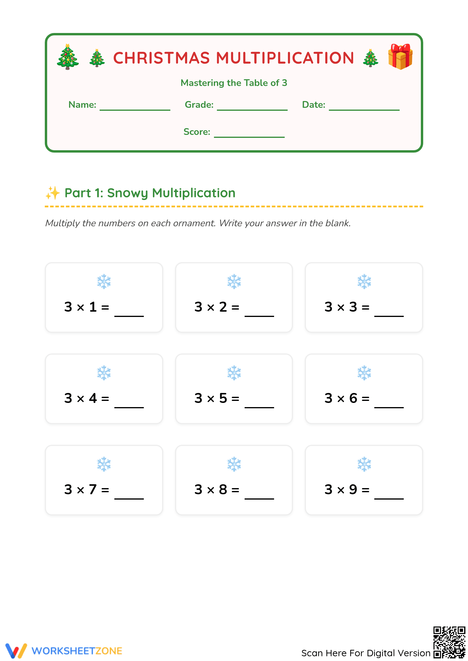 Christmas Multiplication Table of 3 | Printable Math - Page 1