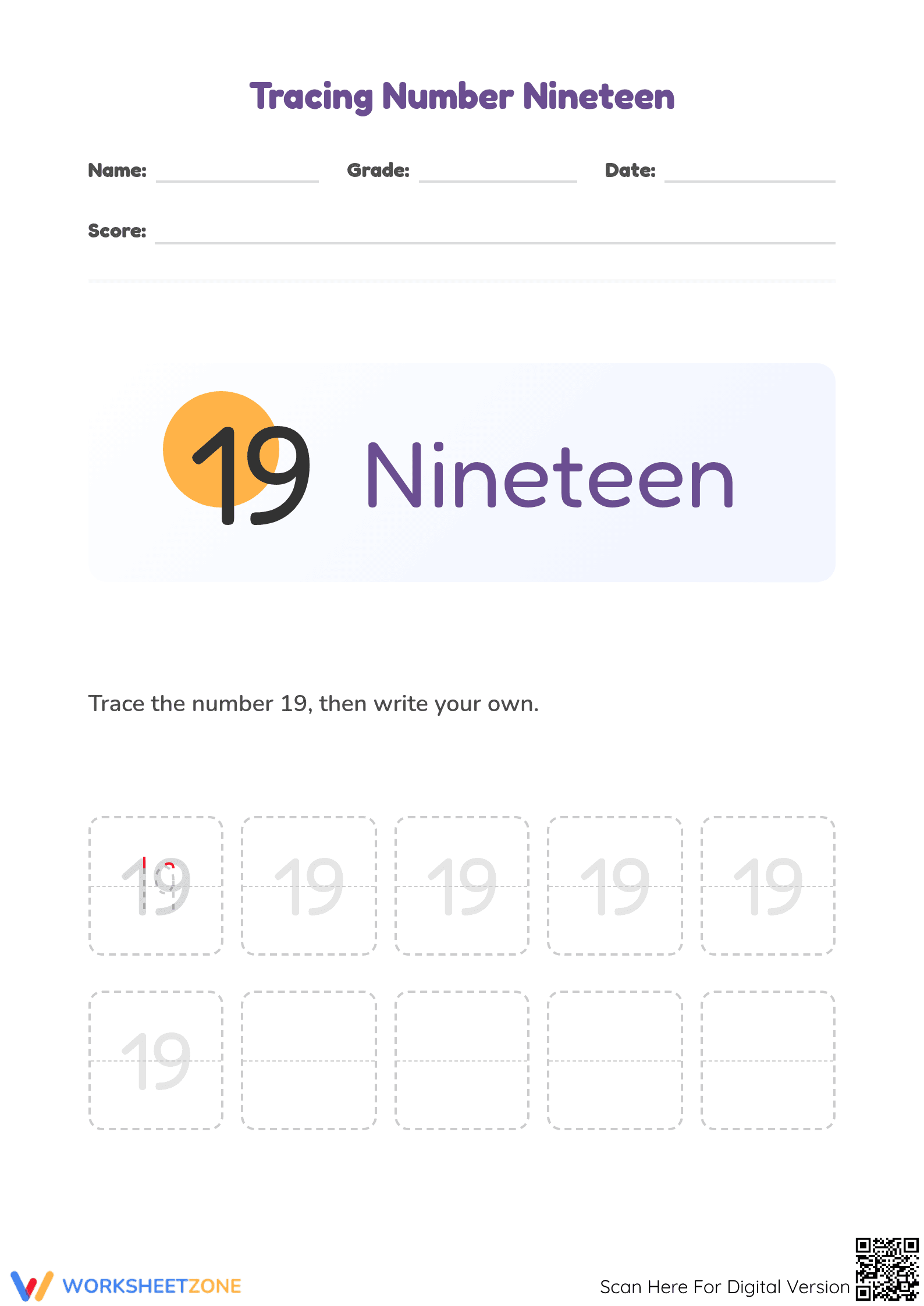 Essential Tracing Number 19 Worksheet | Kindergarten Math - Page 1