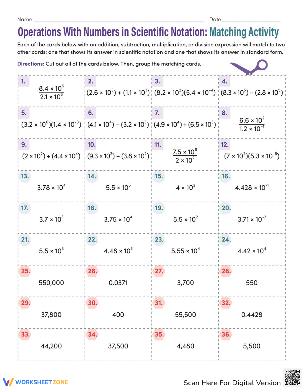 Operations with Scientific Notation Worksheet - Page 1