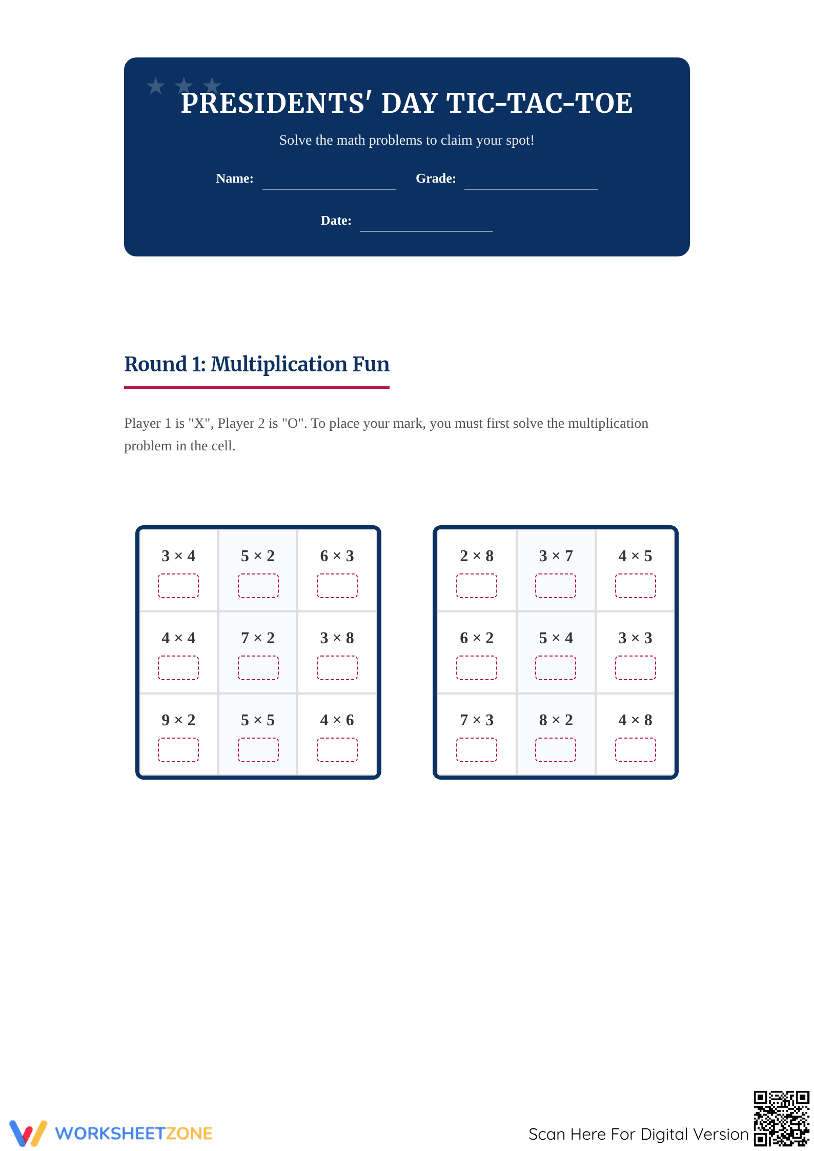 Printable President's Day Math Tic-Tac-Toe - Grade 3 - Page 1