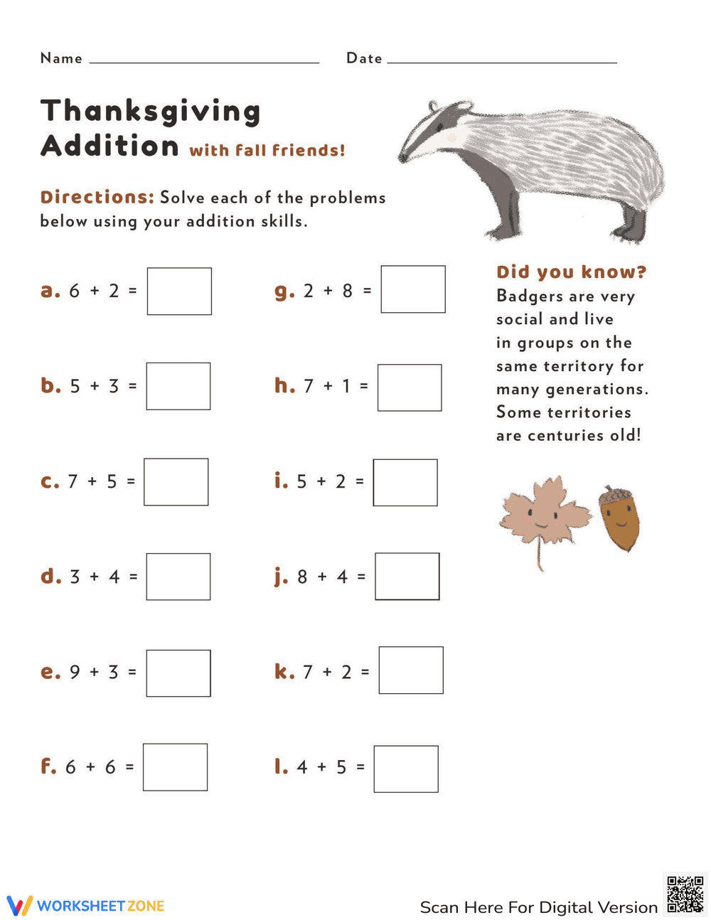 Thanksgiving Addition Math Worksheet - Page 1