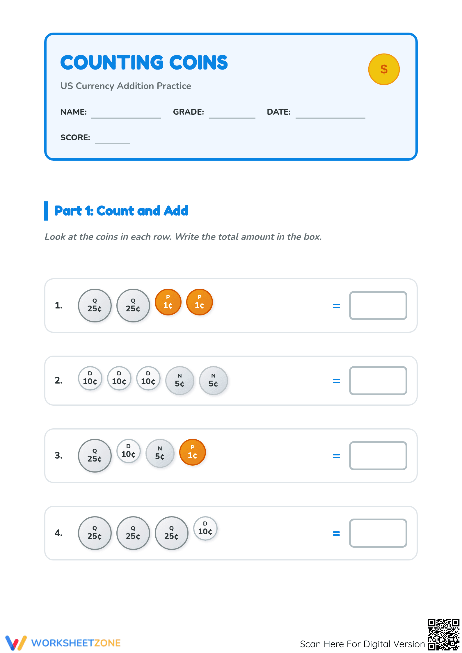 Grade 2 Counting Coins — Printable No-Prep Worksheet - Page 1