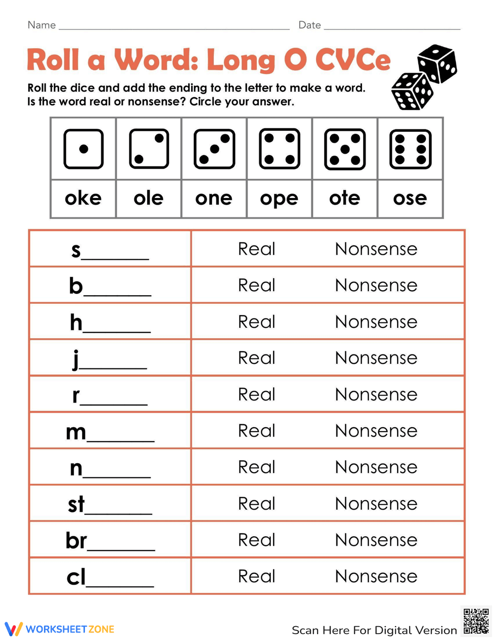 Roll a Word: Long O CVCe - Page 1