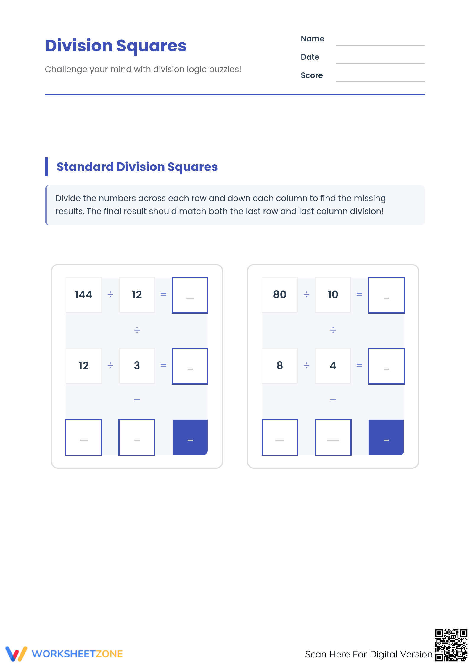 Division Squares Worksheet (3 Levels) | Grade 4 Ready - Page 1