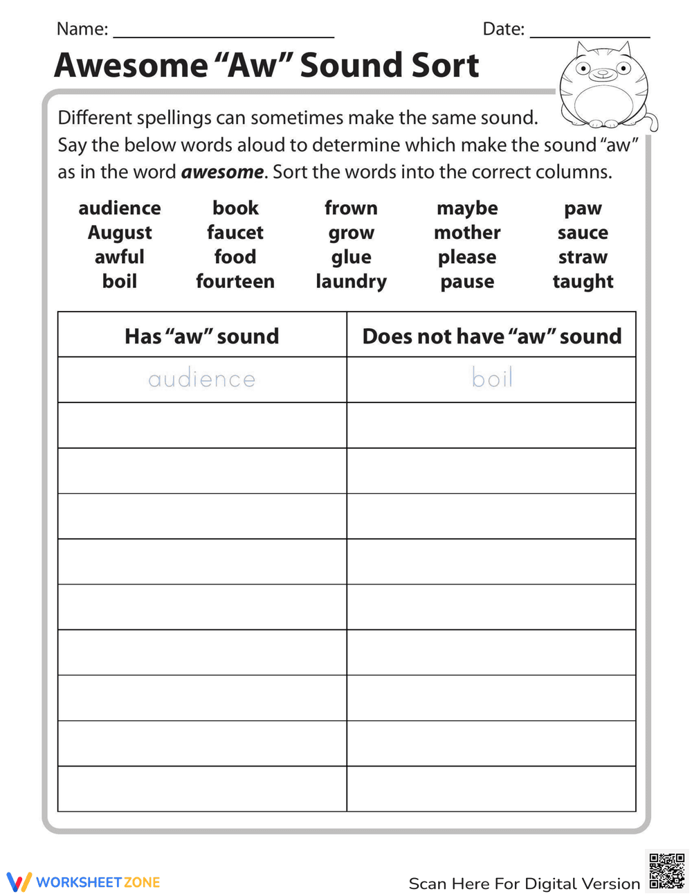 Awesome 'aw' Sound Sort: Phonics Practice - Page 1