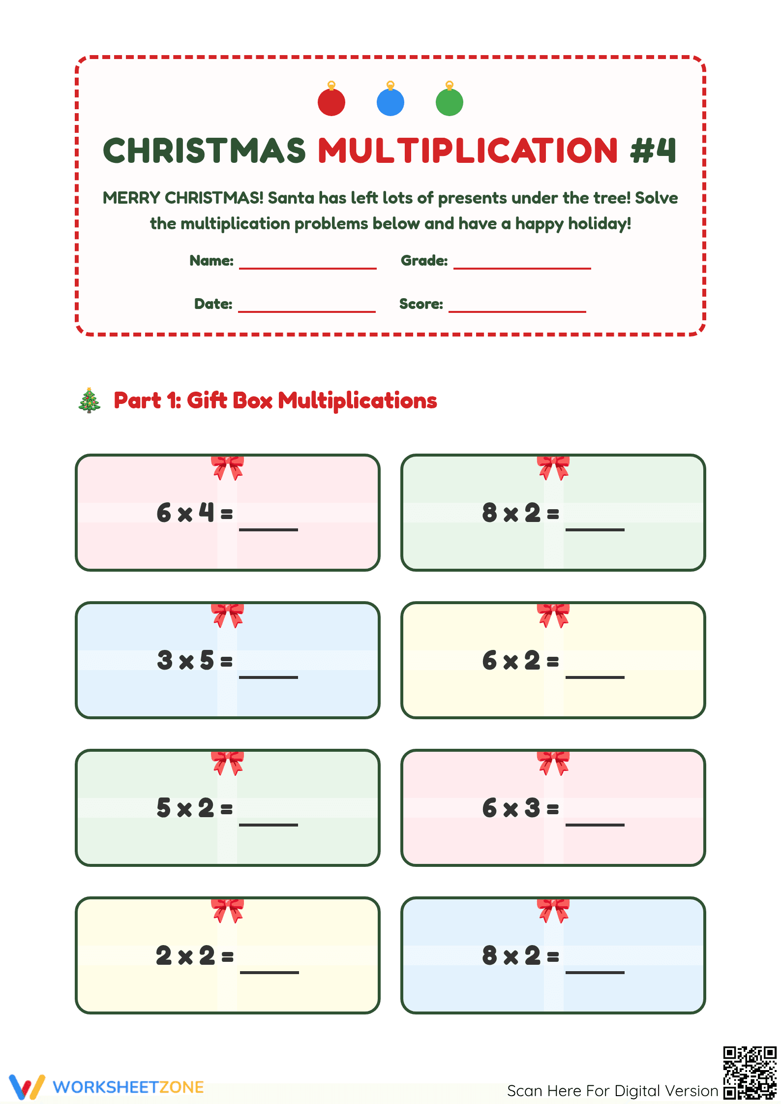 Christmas Multiplication Worksheet | Printable Grade 3-4 - Page 1