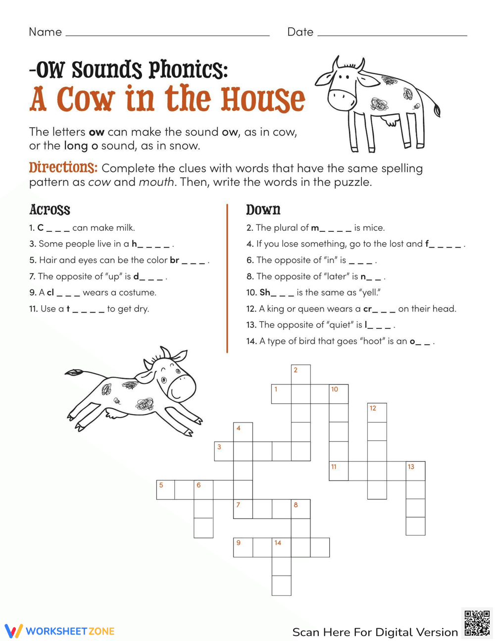 A Cow in the House Reading Comprehension Worksheet - Page 1