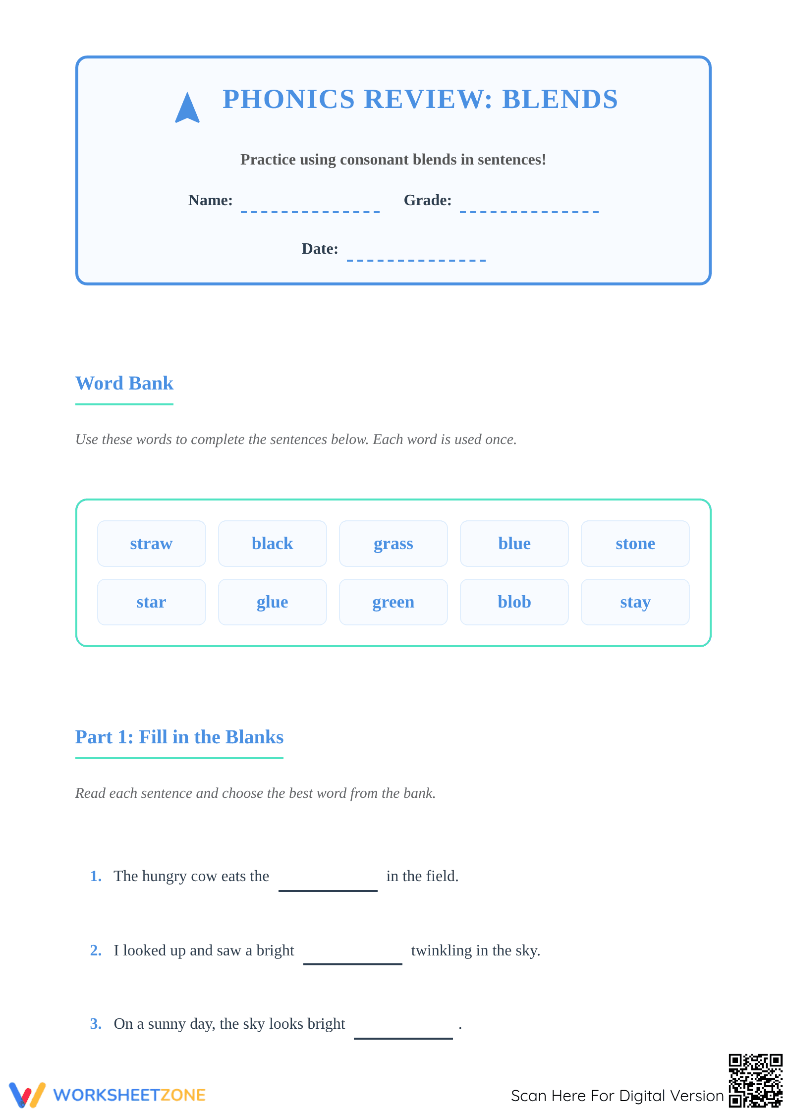 Essential Grade 2 Blends Worksheet: Phonics in Context - Page 1