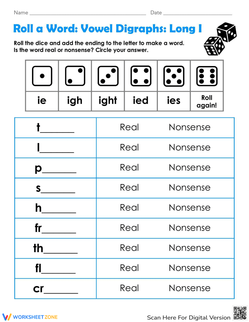 Roll a Word: Vowel Digraphs: Long I - Page 1