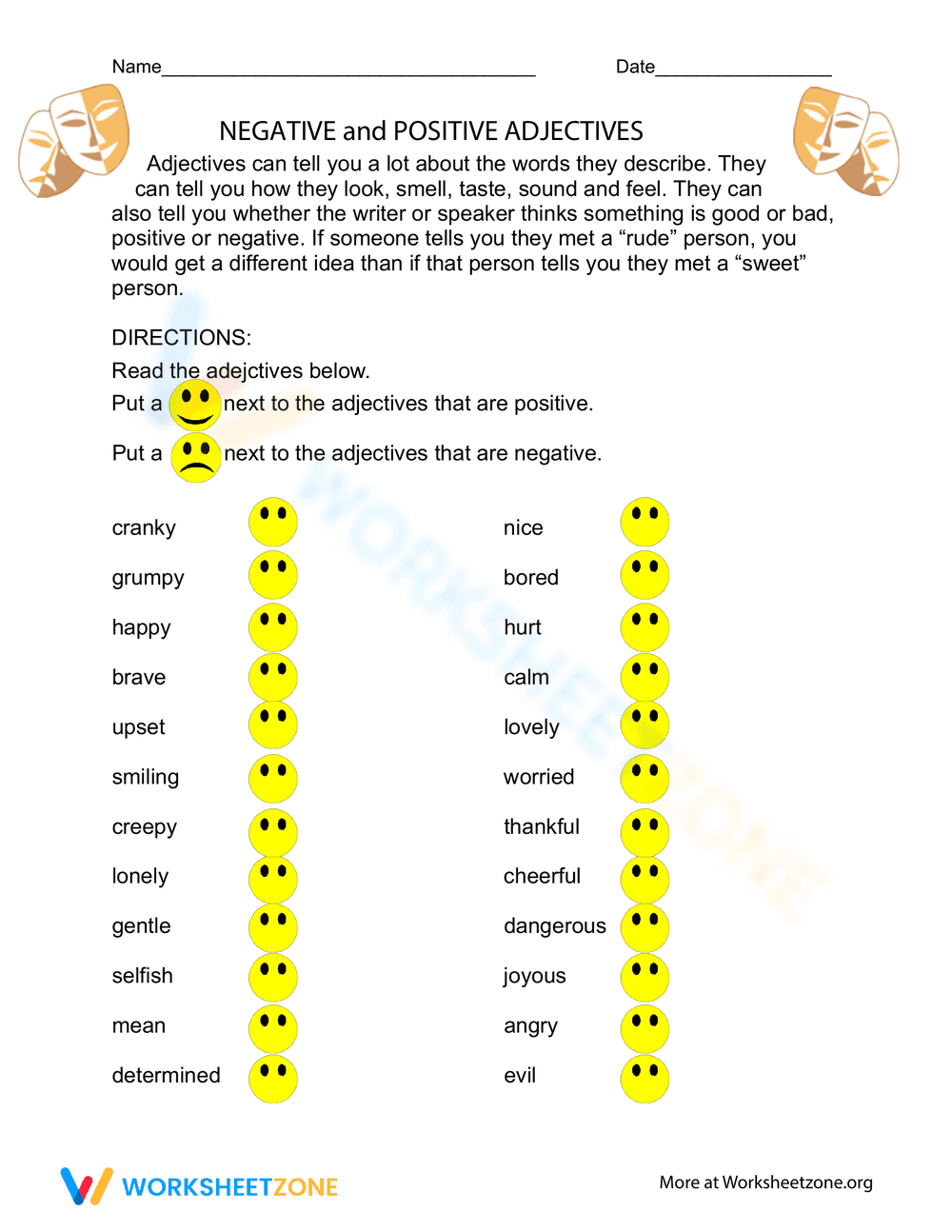 Positive and Negative Adjectives Worksheet - Page 1