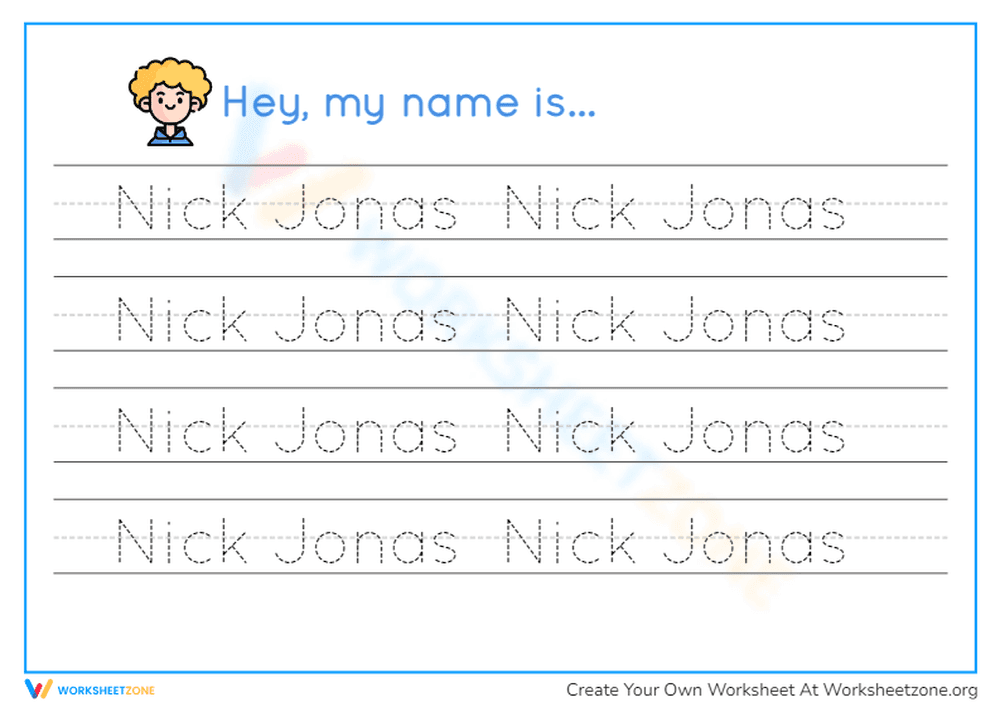 Name Tracing Practice: Nick Jonas - Page 1