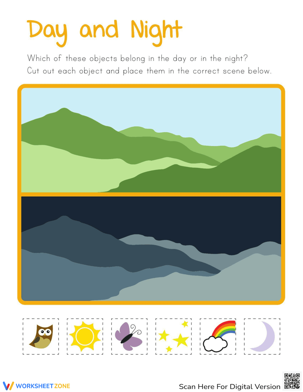 Day and Night Learning Worksheet for Kids - Page 1