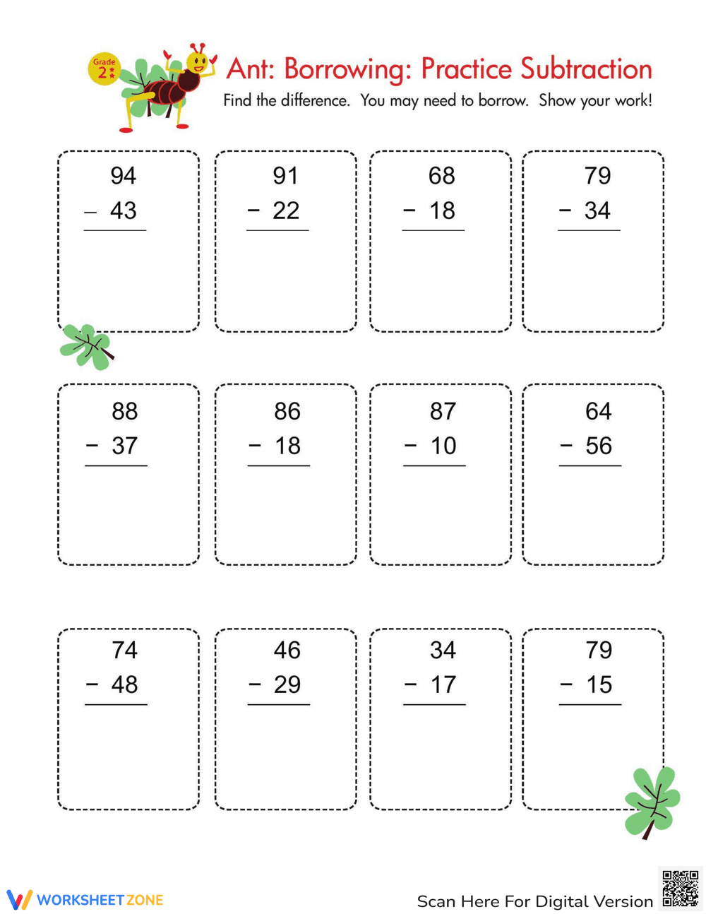 Ant Subtraction Worksheet for Kids - Page 1