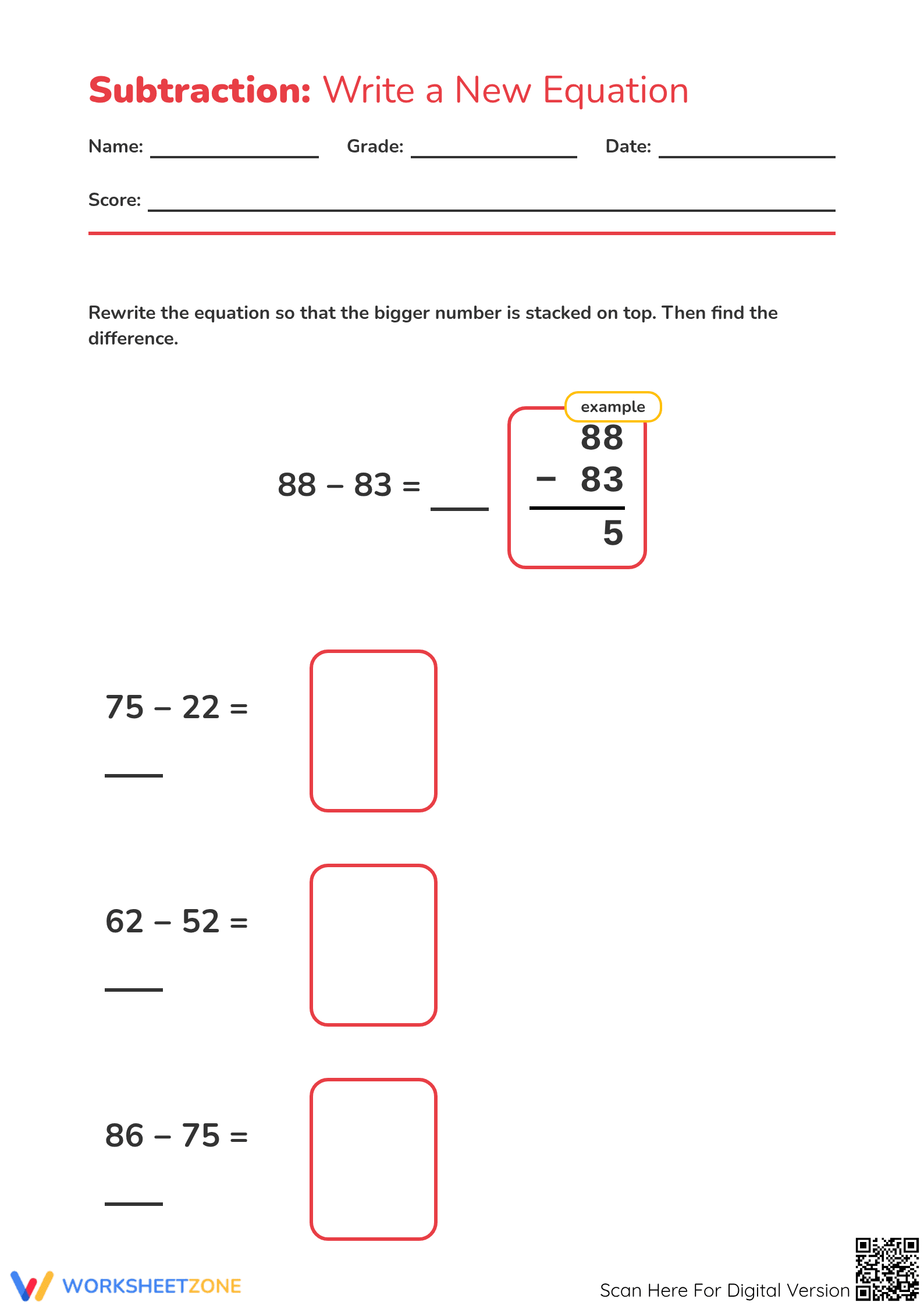 Grade 2 Subtraction — Printable No-Prep Worksheet - Page 1