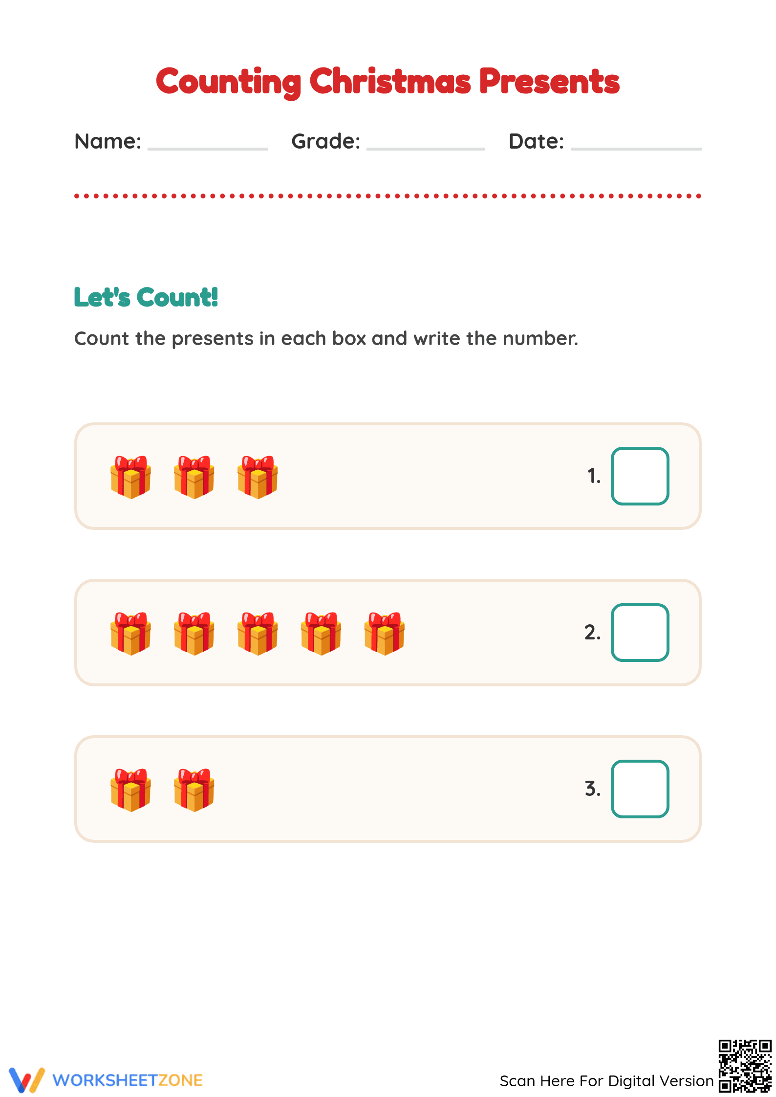 Printable Counting Christmas Presents Worksheet | Grade K - Page 1