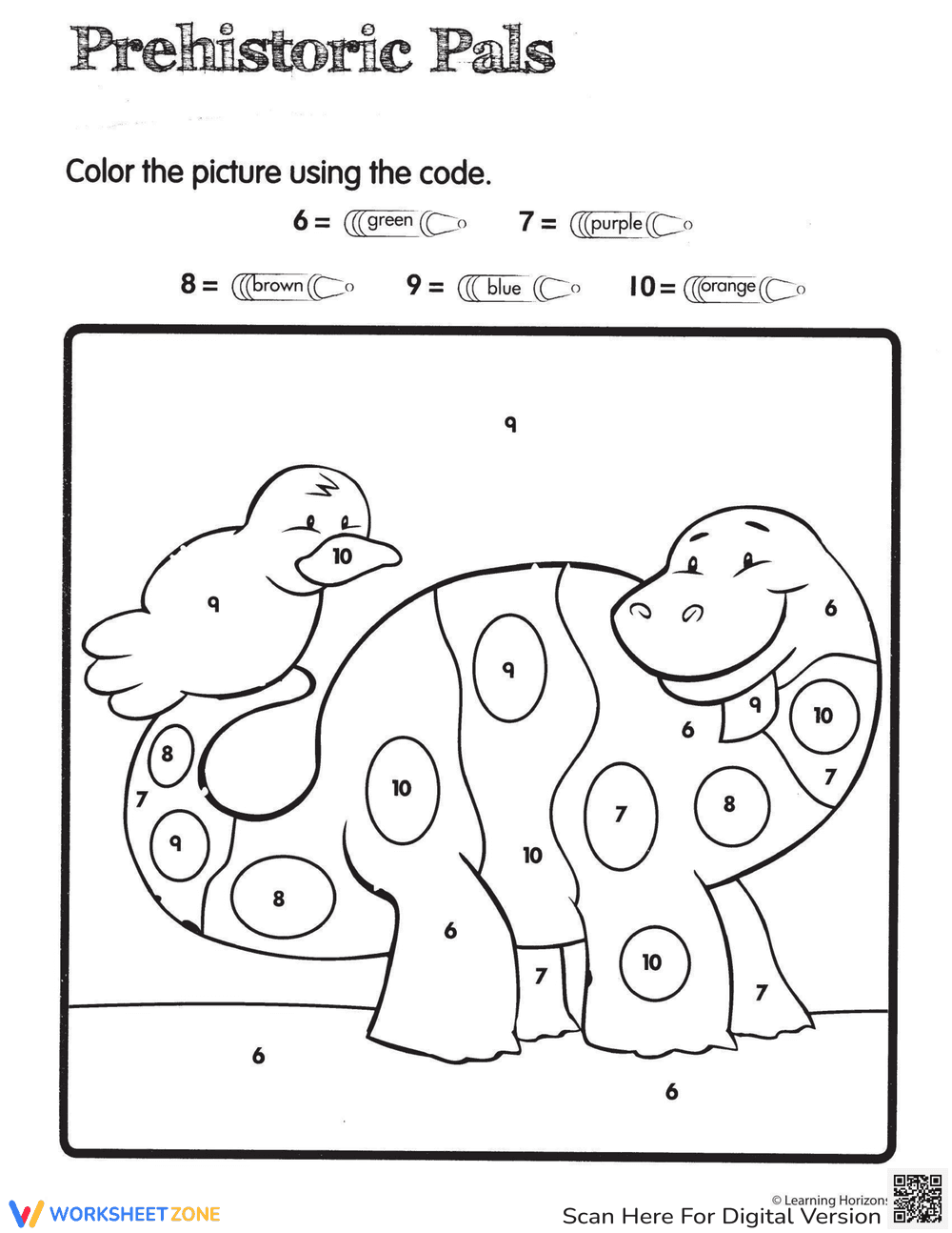 Dinosaur Color by Number Worksheet - Page 1