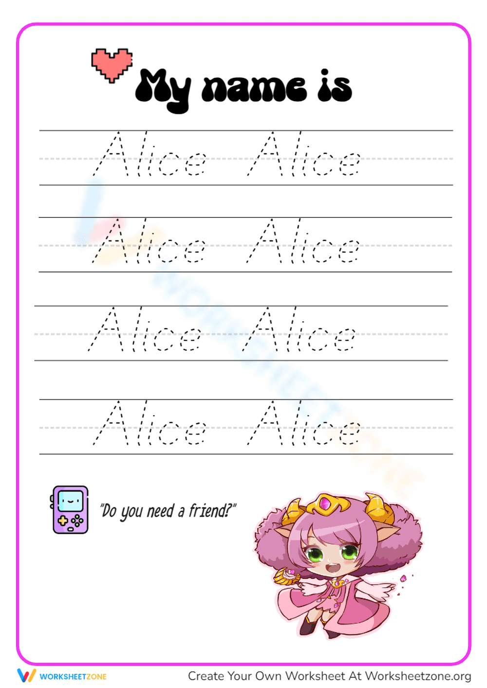 Name Tracing Worksheet: Alice - Page 1
