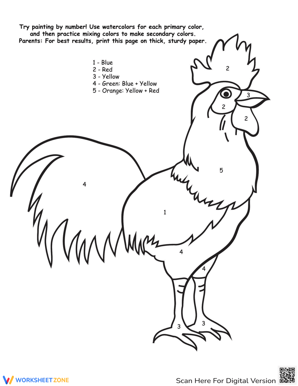 Watercolor Paint Number Rooster Worksheet - Page 1
