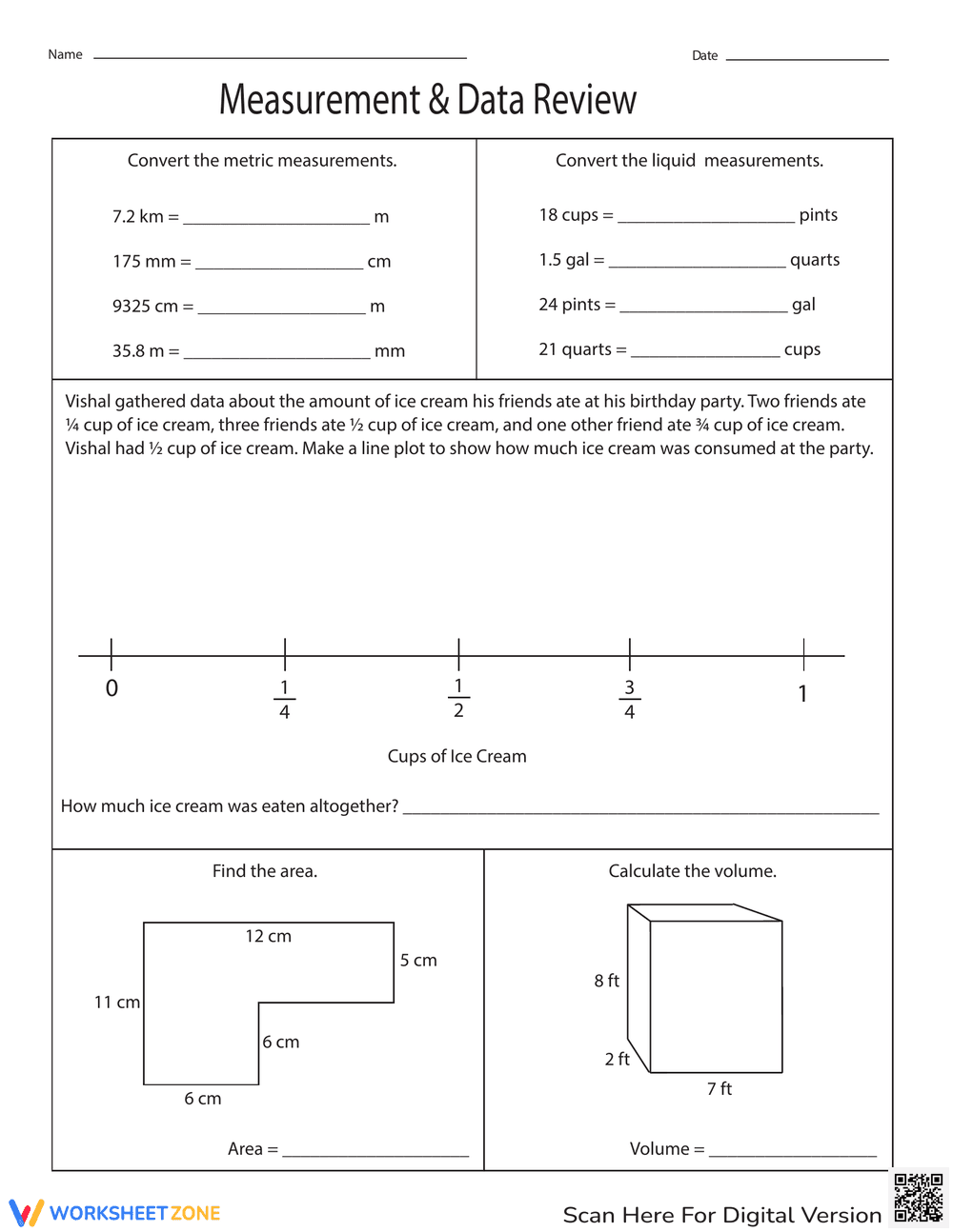Measurement and Data Review Worksheet for Math Skills - Page 1