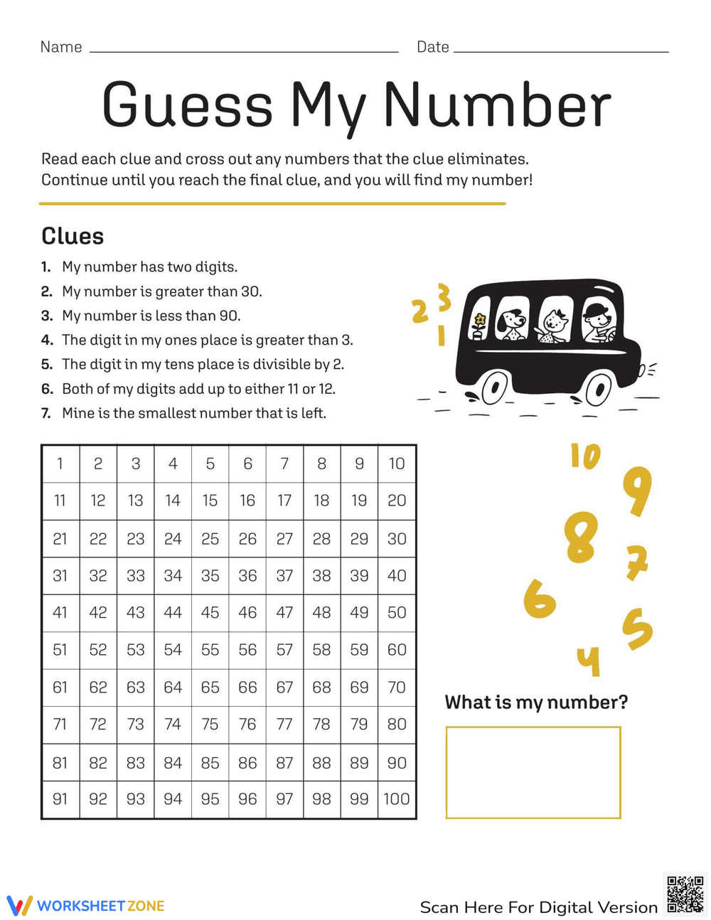 Guess My Number Worksheet for Math Logic - Page 1