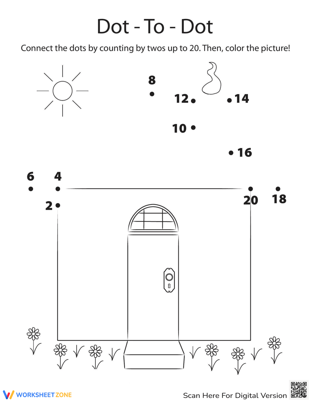 Dot to Dot House Worksheet for Number Skills - Page 1