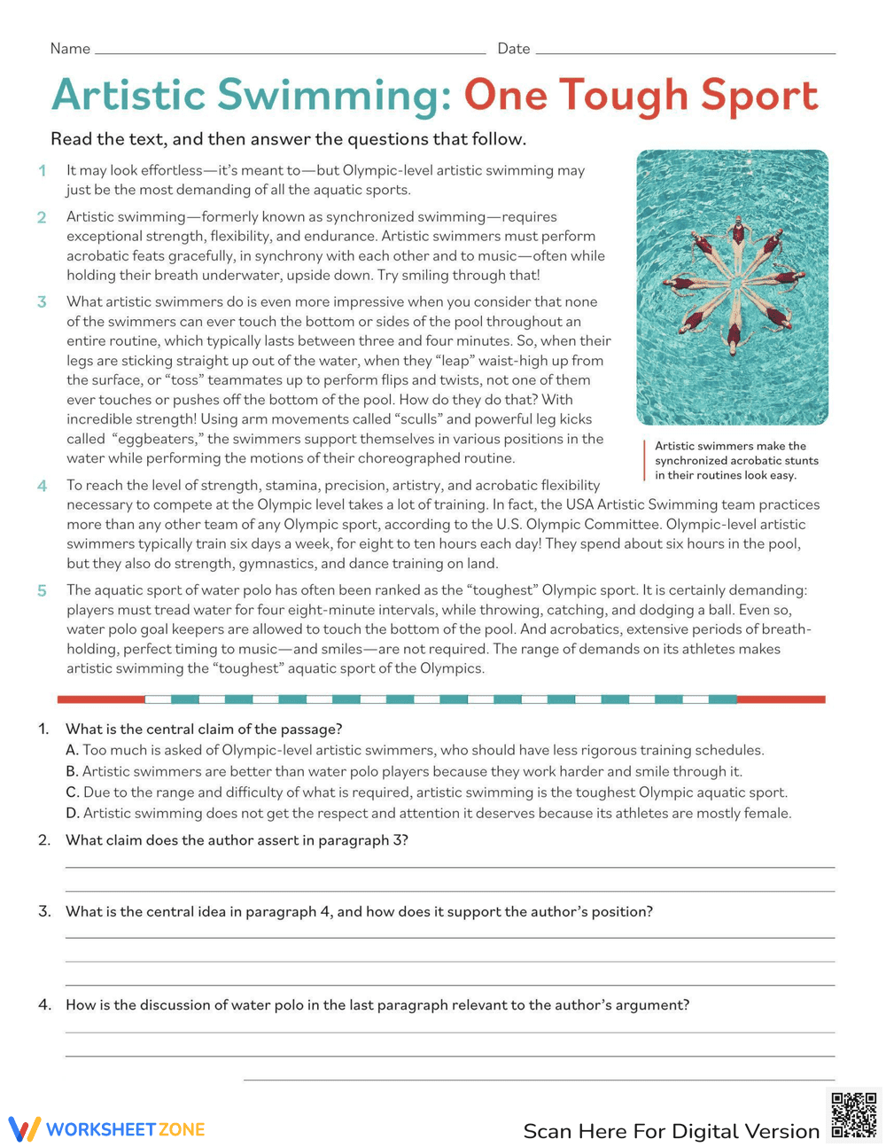 Artistic Swimming Reading Comprehension Worksheet - Page 1
