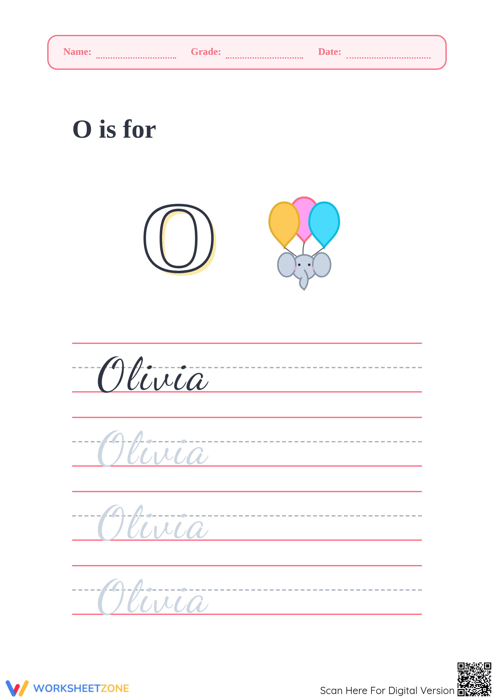 Cursive Letter O Tracing | Grade 1 Printable Worksheet - Page 1