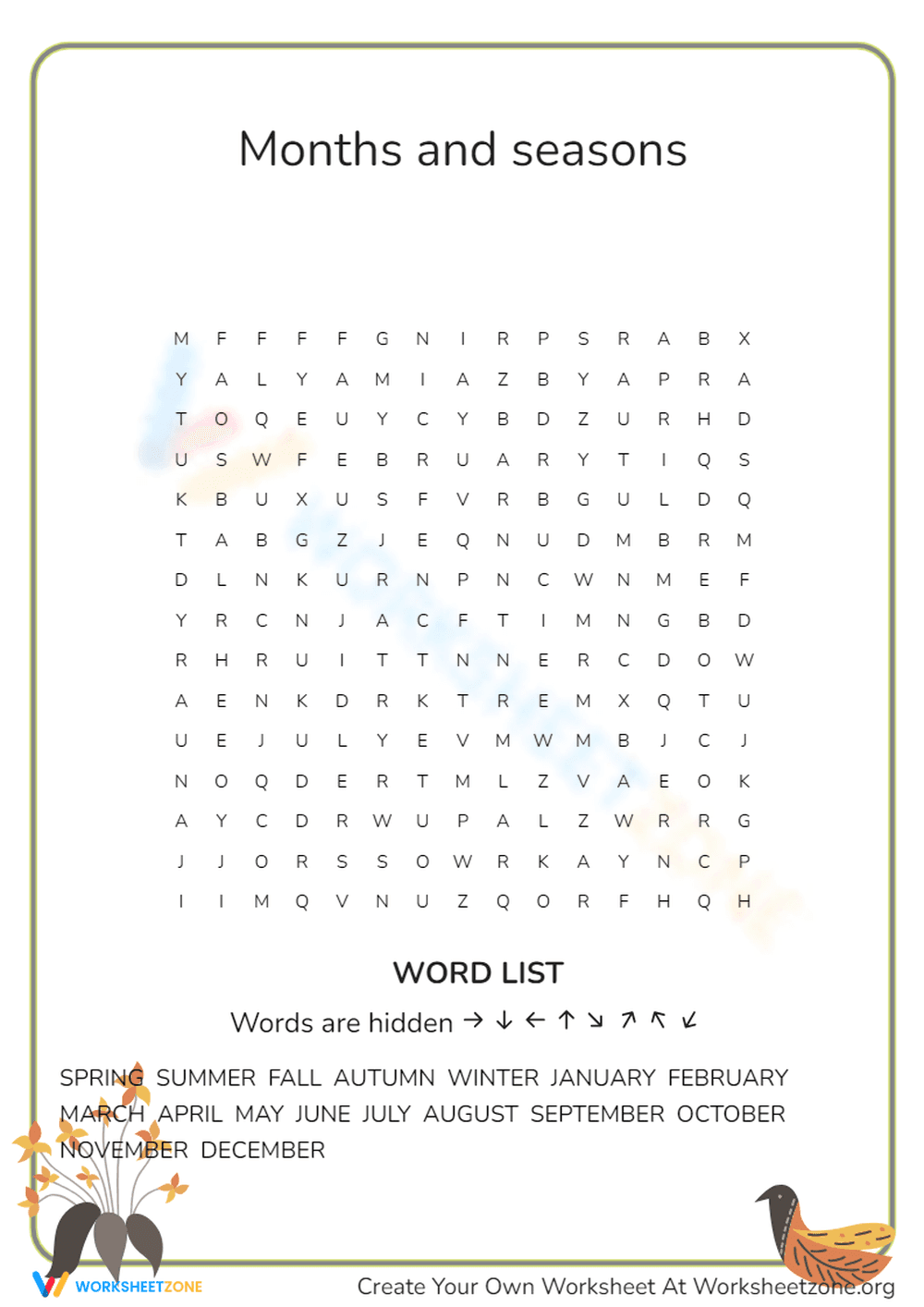Months and Seasons Word Search - Page 1