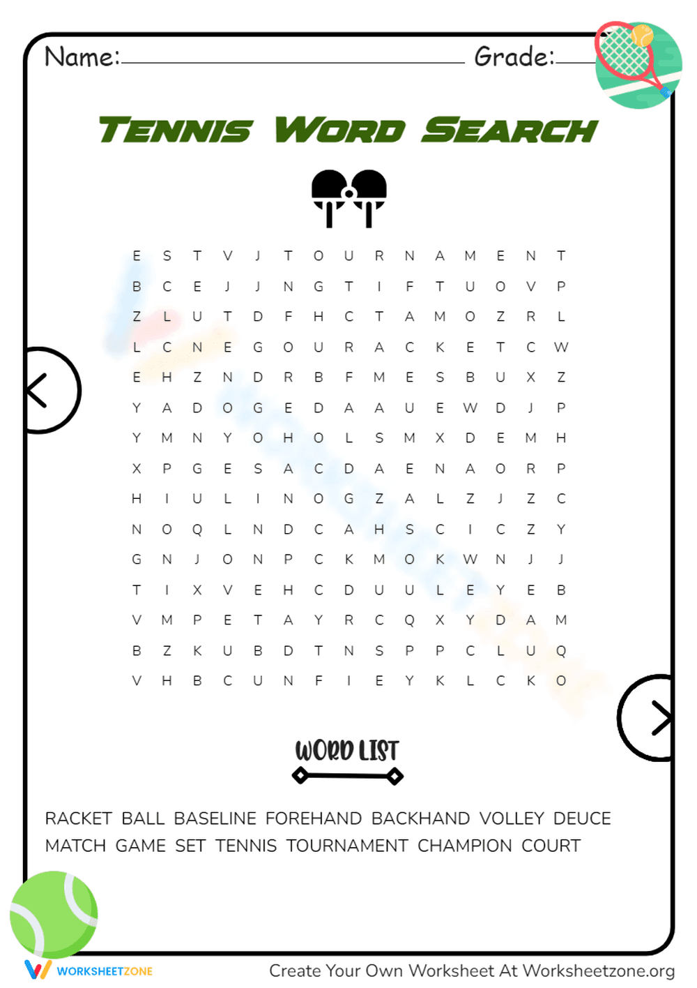 Tennis Word Search - Page 1