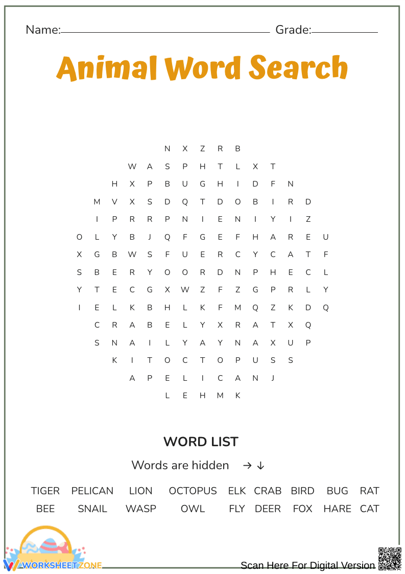 Fun Animal Word Search for Kids - Page 1