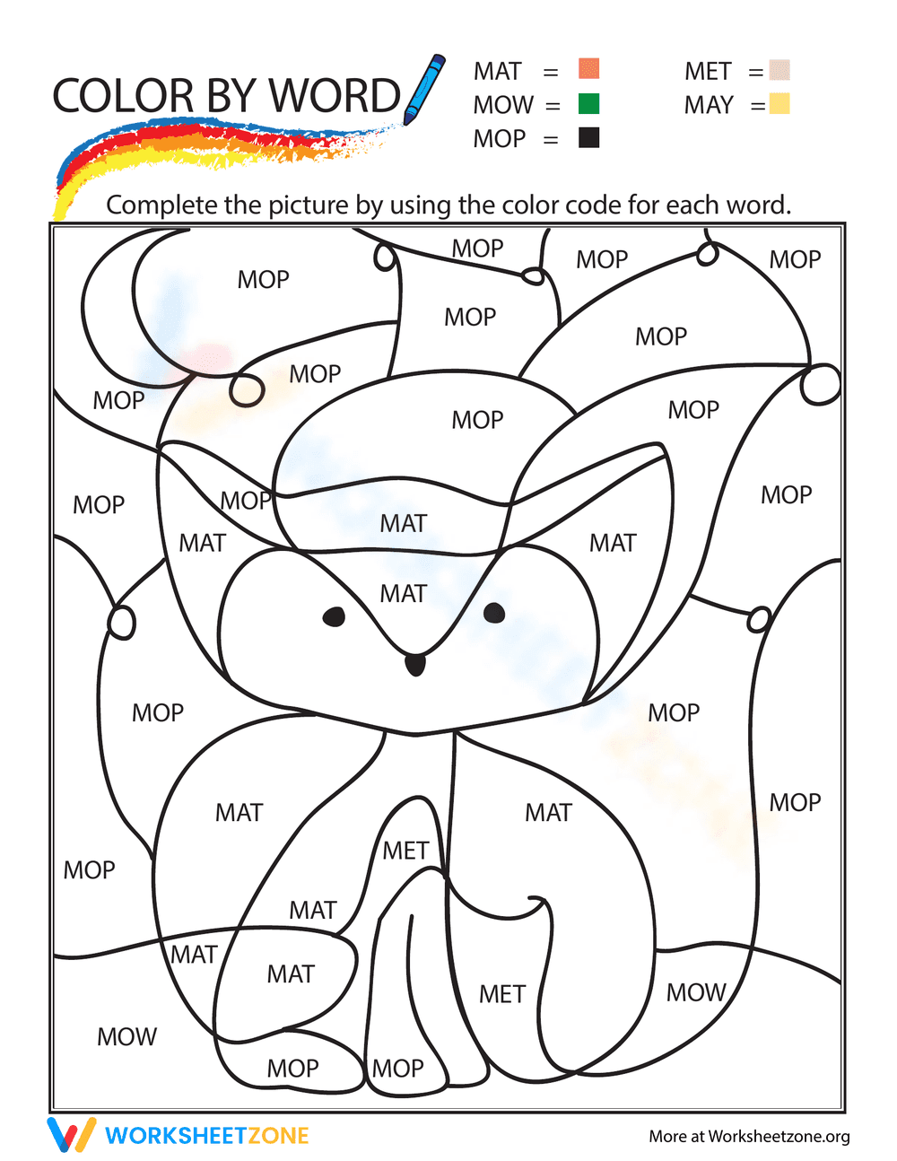 Fox Color by Sight Word — Printable Worksheet - Page 1