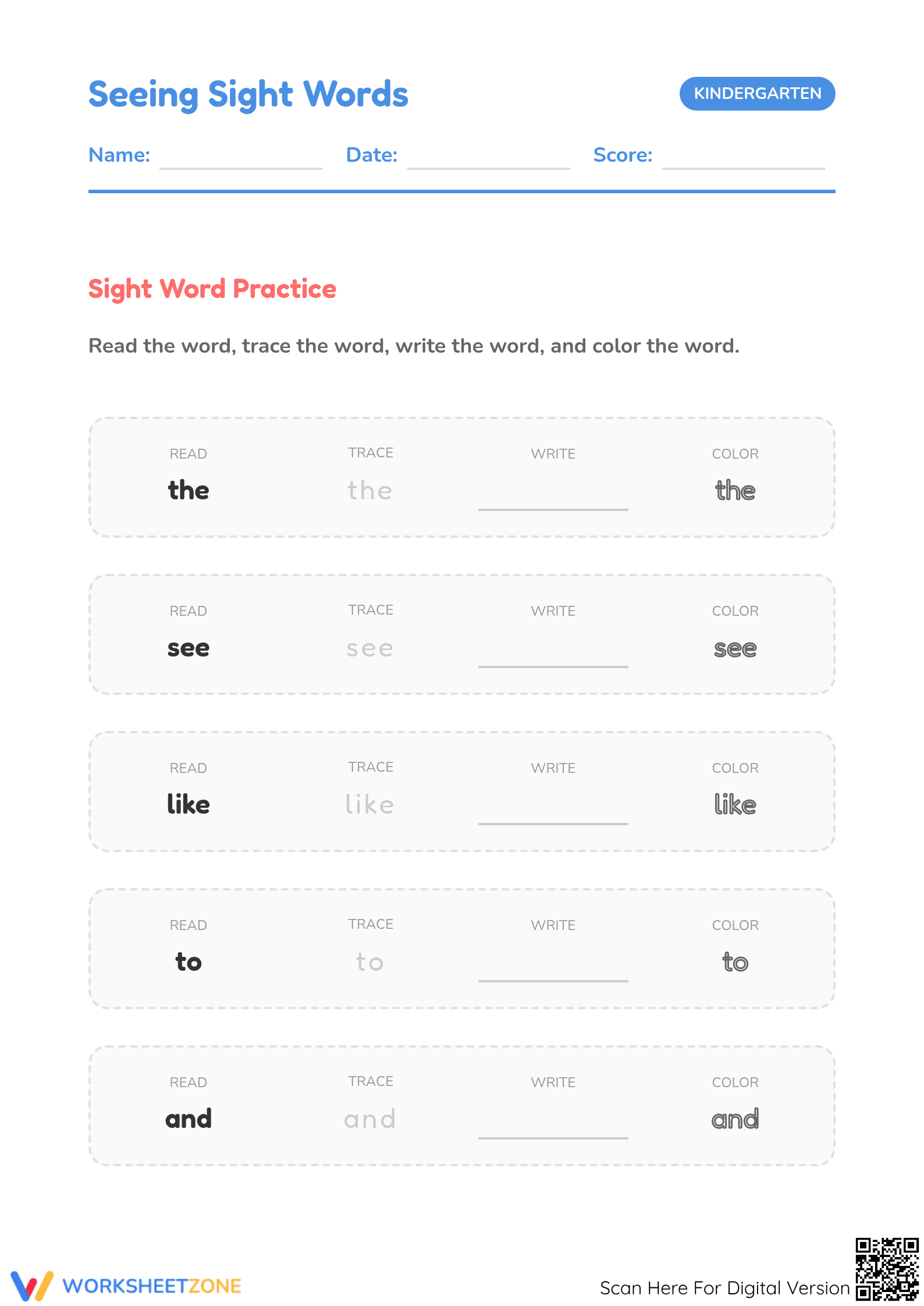 Printable Kindergarten Sight Words Sheet | RF.K.3.C Aligned - Page 1