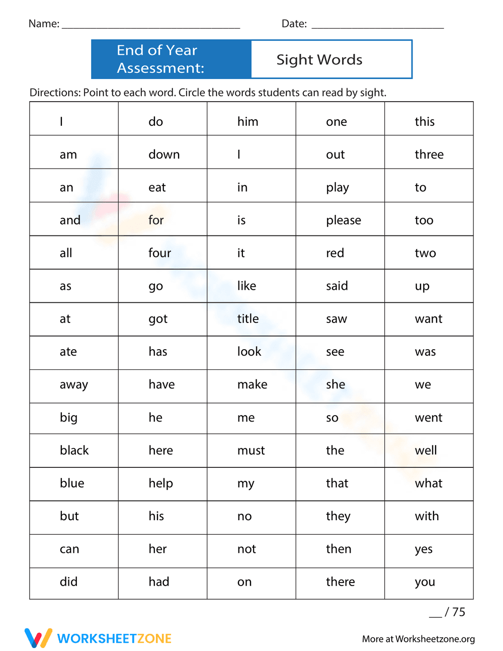 End of Year Assessment: Sight Words Mastery - Page 1
