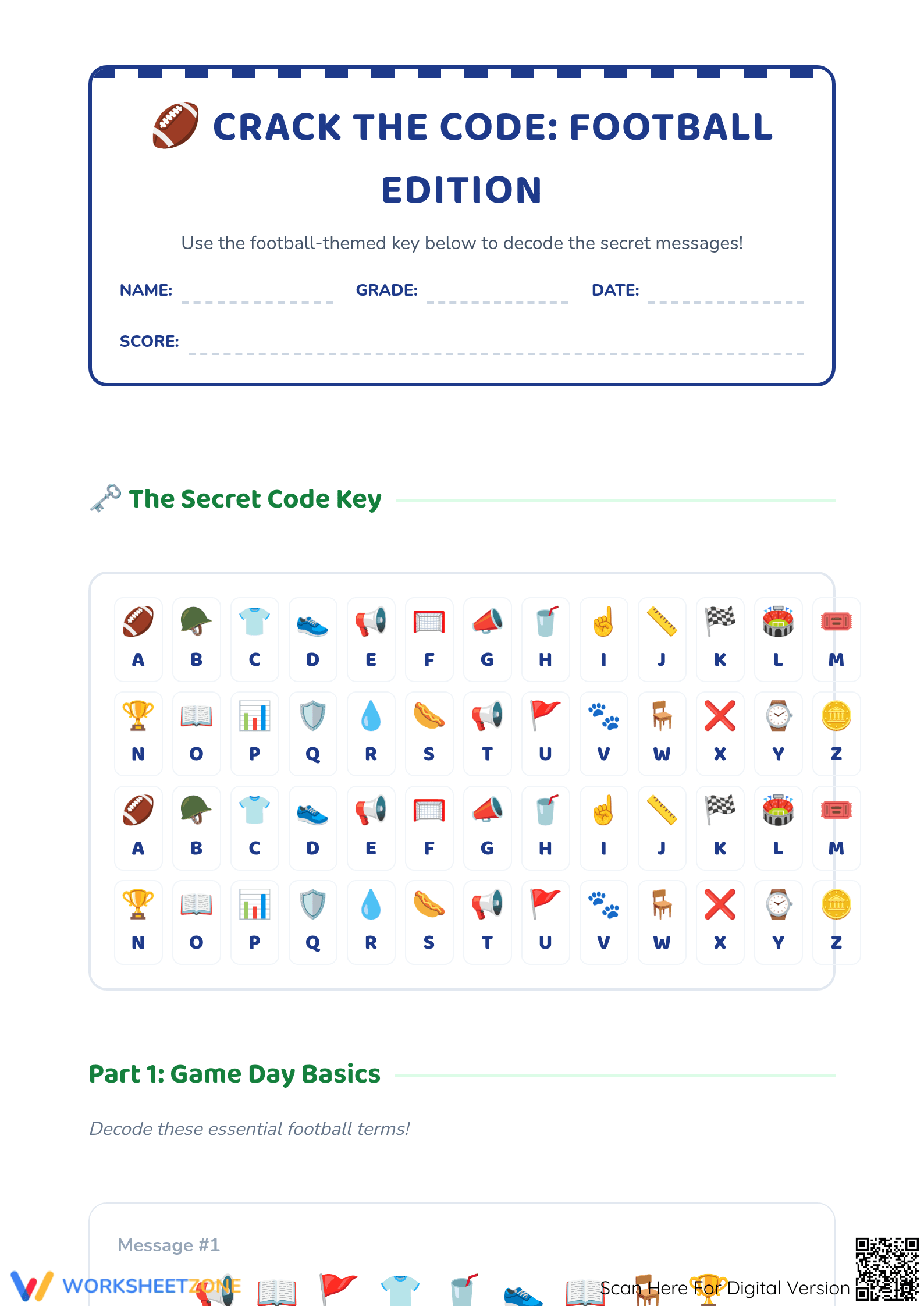 Printable Crack The Code Football Worksheet — Grade 1-3 - Page 1