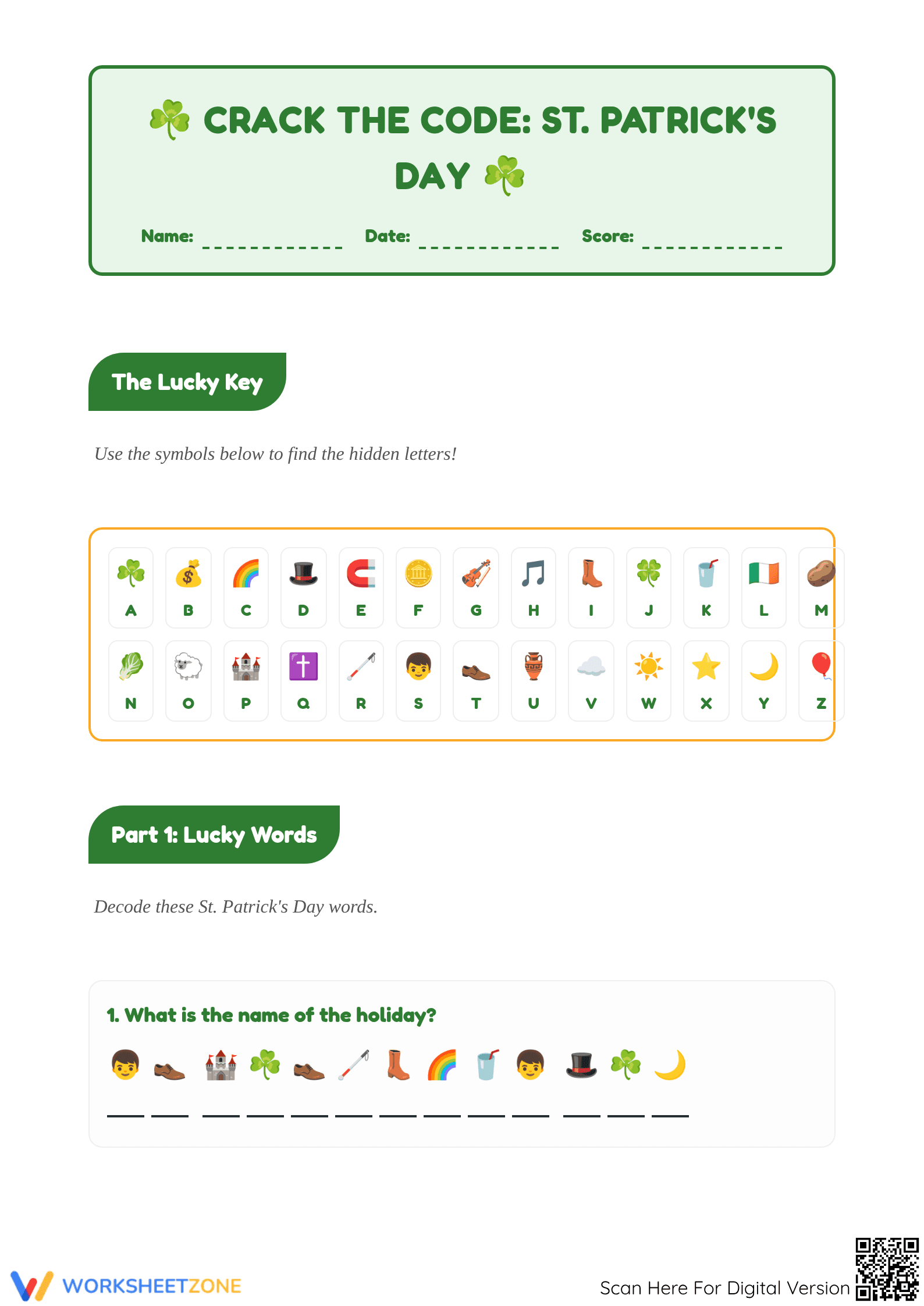 Printable Crack the Code Worksheet | St. Patrick's Day - Page 1