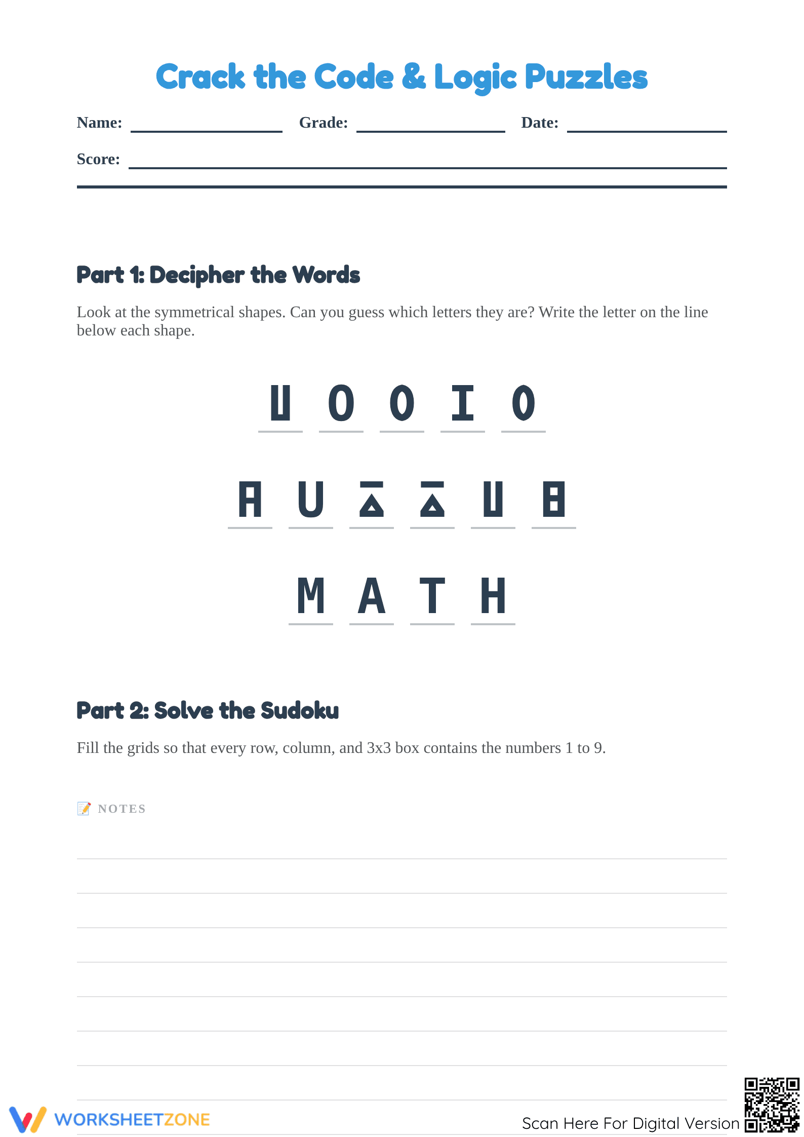 Printable Crack the Code & Sudoku Logic Puzzles | Grade 4 - Page 1
