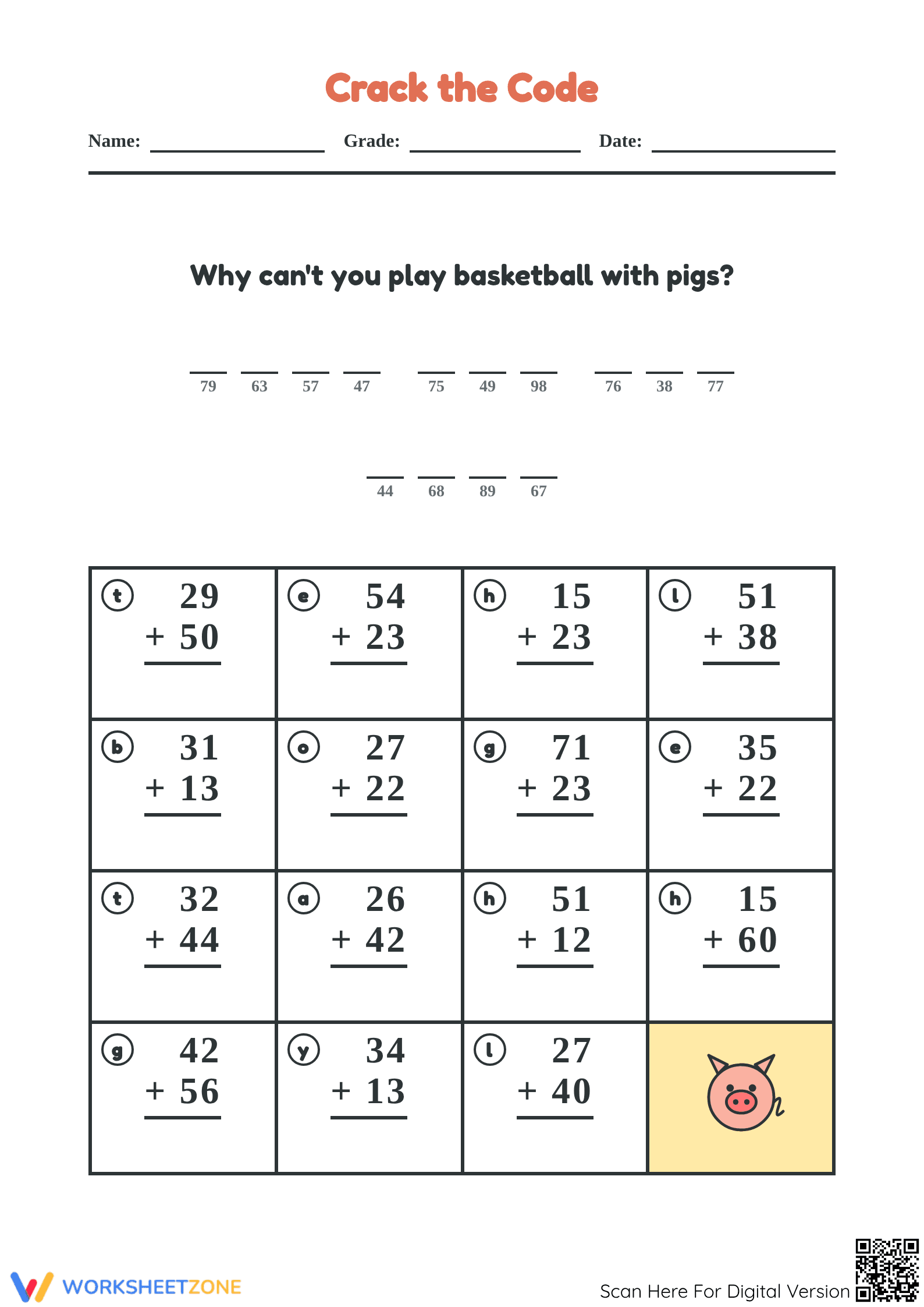 Printable Crack the Code Pig Addition — Grade 2 Aligned - Page 1