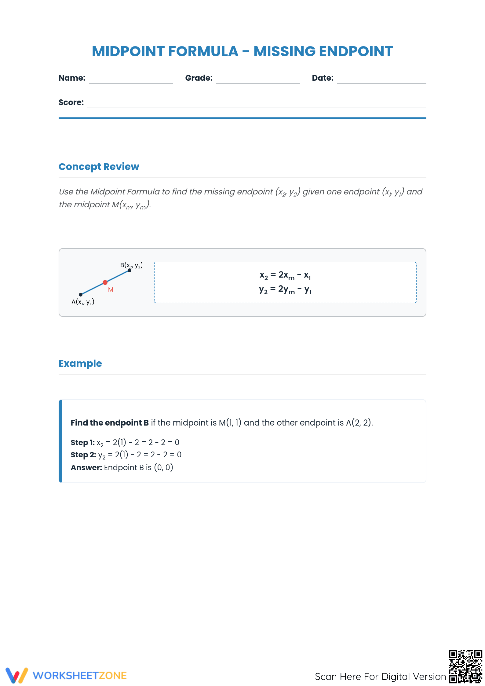 Midpoint Formula Missing Endpoint Worksheet | Grade 8-9 Essential - Page 1