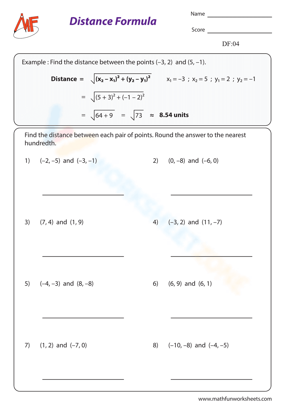Distance Formula - Basic - Page 1