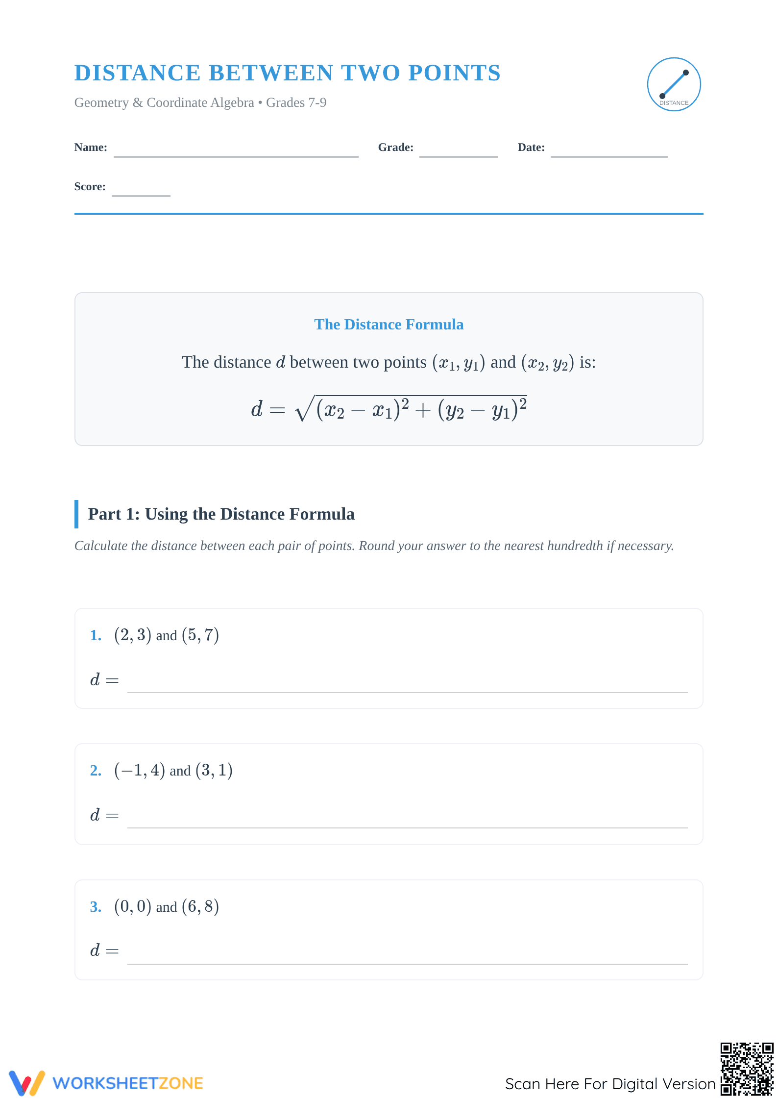 Printable Distance Formula Worksheet | Grades 7-9 Math - Page 1