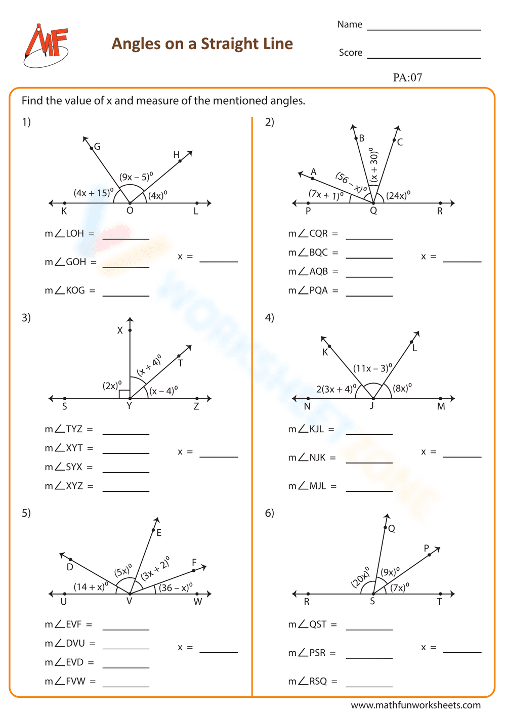 Printable Grade 7 Angles on a Straight Line Worksheet - Page 1