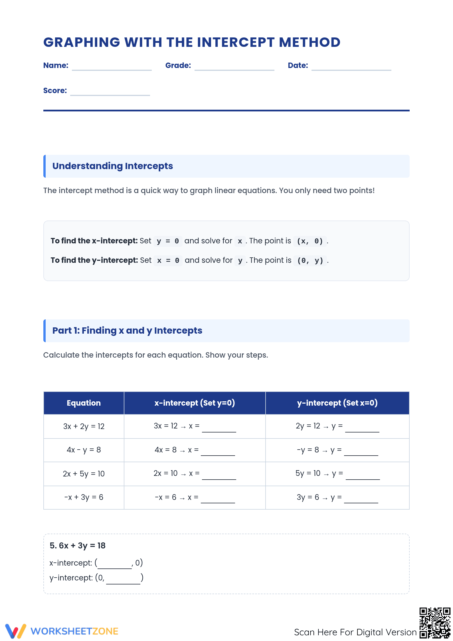 Printable Intercept Method Worksheet | Grade 8 Math - Page 1