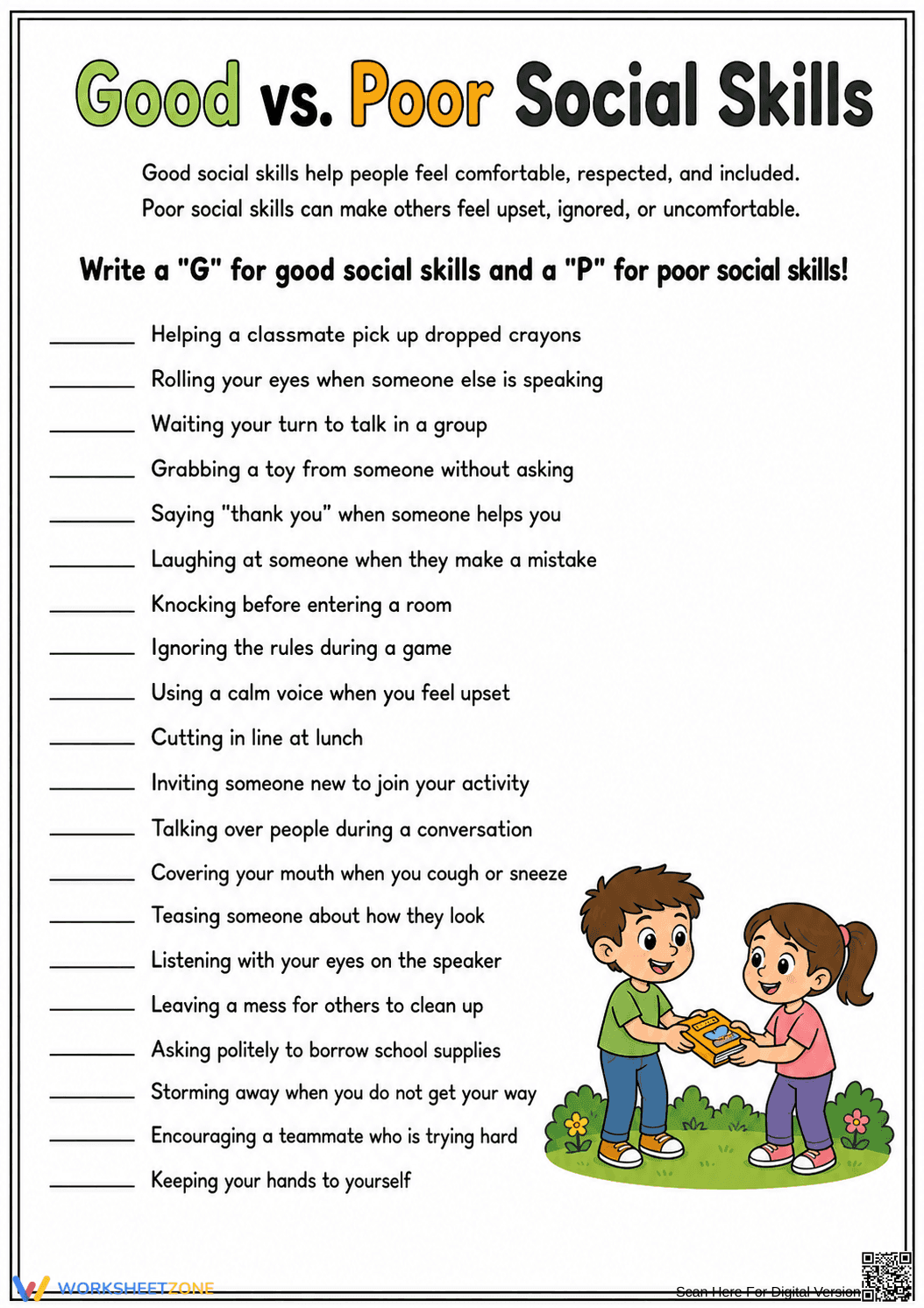 Essential Social Skills Worksheet | Grades 1-3 Ready - Page 1