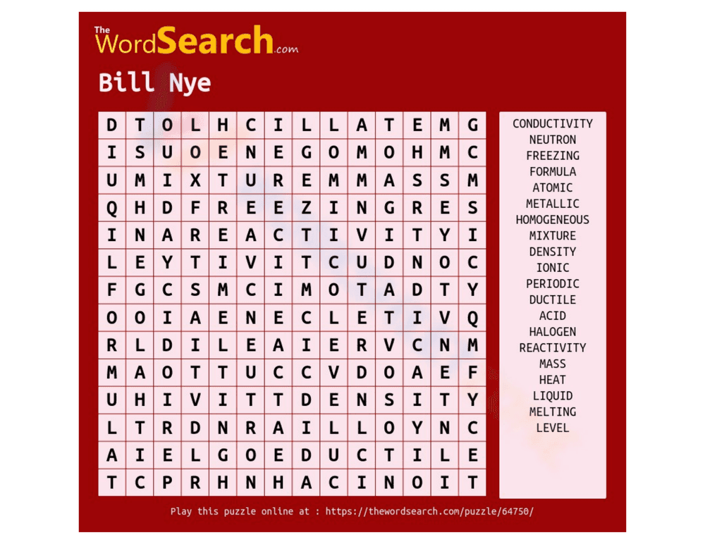 Bill Nye Science Word Search - Grades 6-9 Chemistry Fun - Page 1