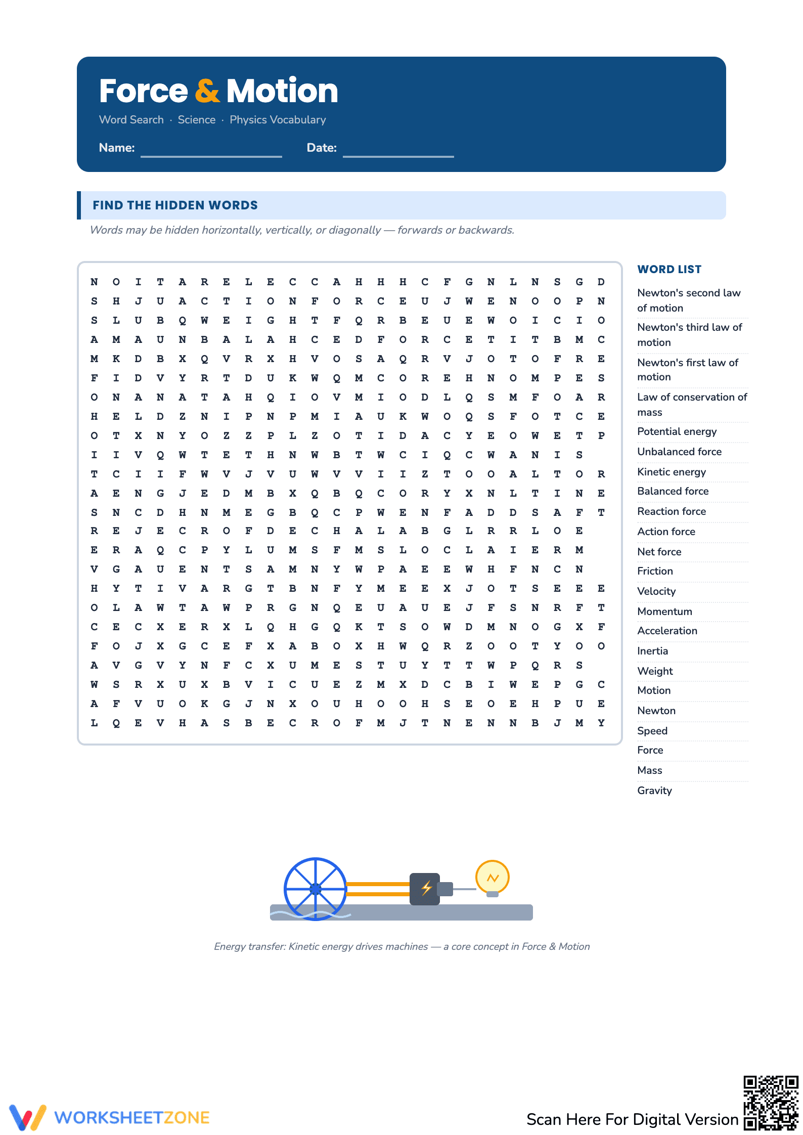 Printable Force & Motion Word Search | Grades 3-5 Science - Page 1