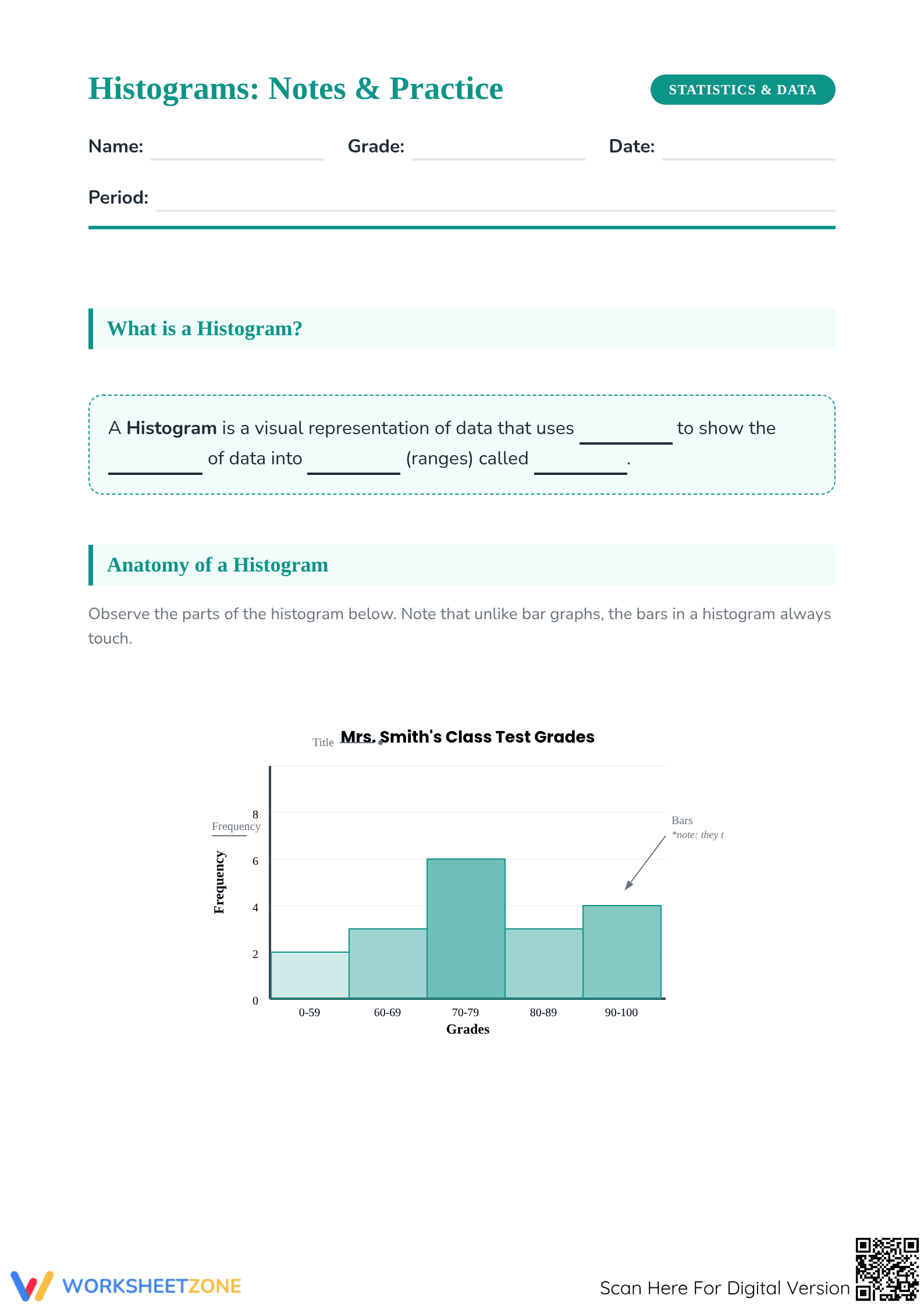 Histogram Notes & Practice Worksheet | Grade 6 Essential - Page 1