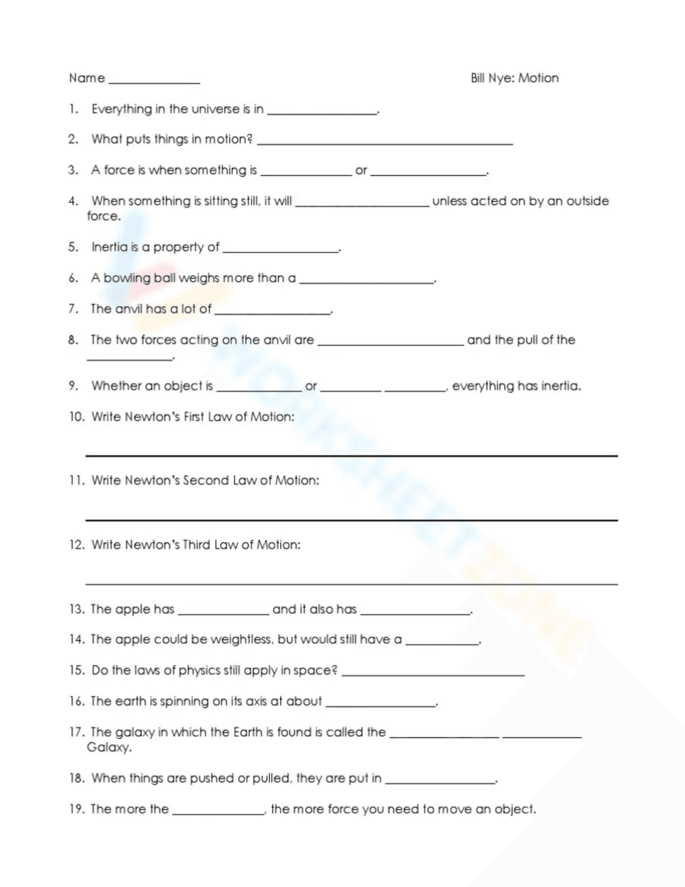 Grade 6 Forces & Motion — Printable No-Prep Worksheet - Page 1